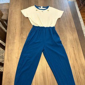 80S VINTAGE WOMENS COTTON JUMPER BLUE WHITE AND GOLD